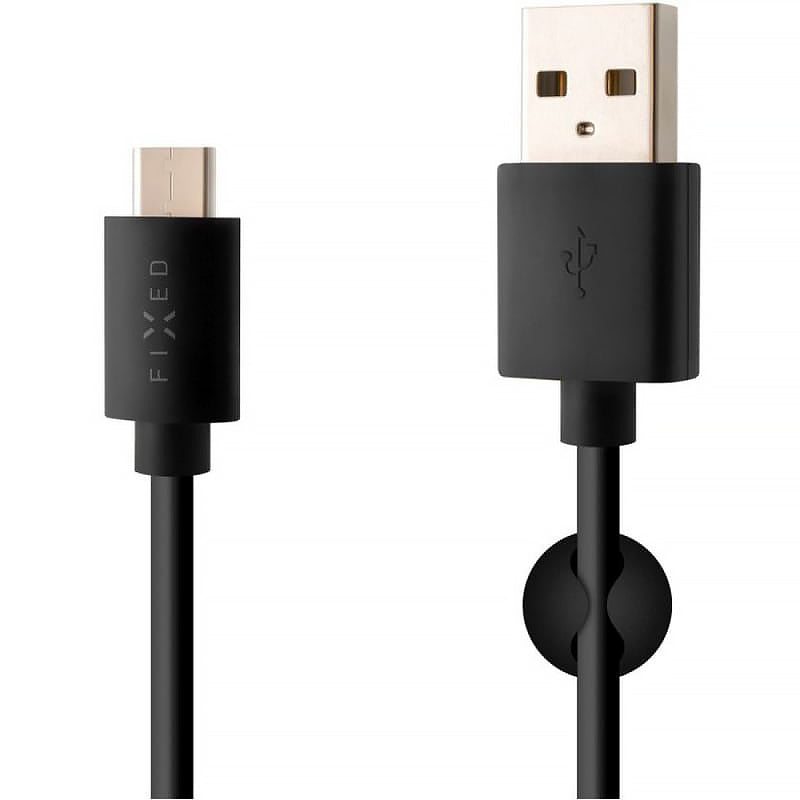 Schwarzes Fixed USB-A zu USB-C Kabel 1m, robuste Silikonausführung, geeignet für Mobiltelefone und Tablets, unterstützt bis zu 20W.