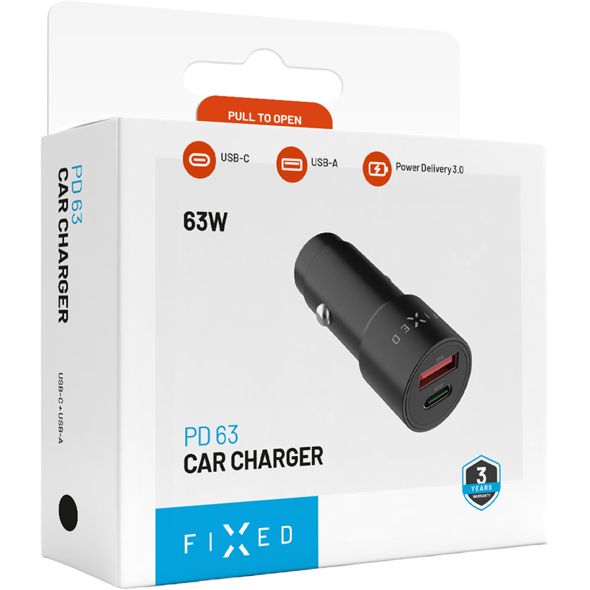 Autoladegerät mit USB-C PD 3.0 und USB-A, 63W, Fixed Car Charger, Schwarz