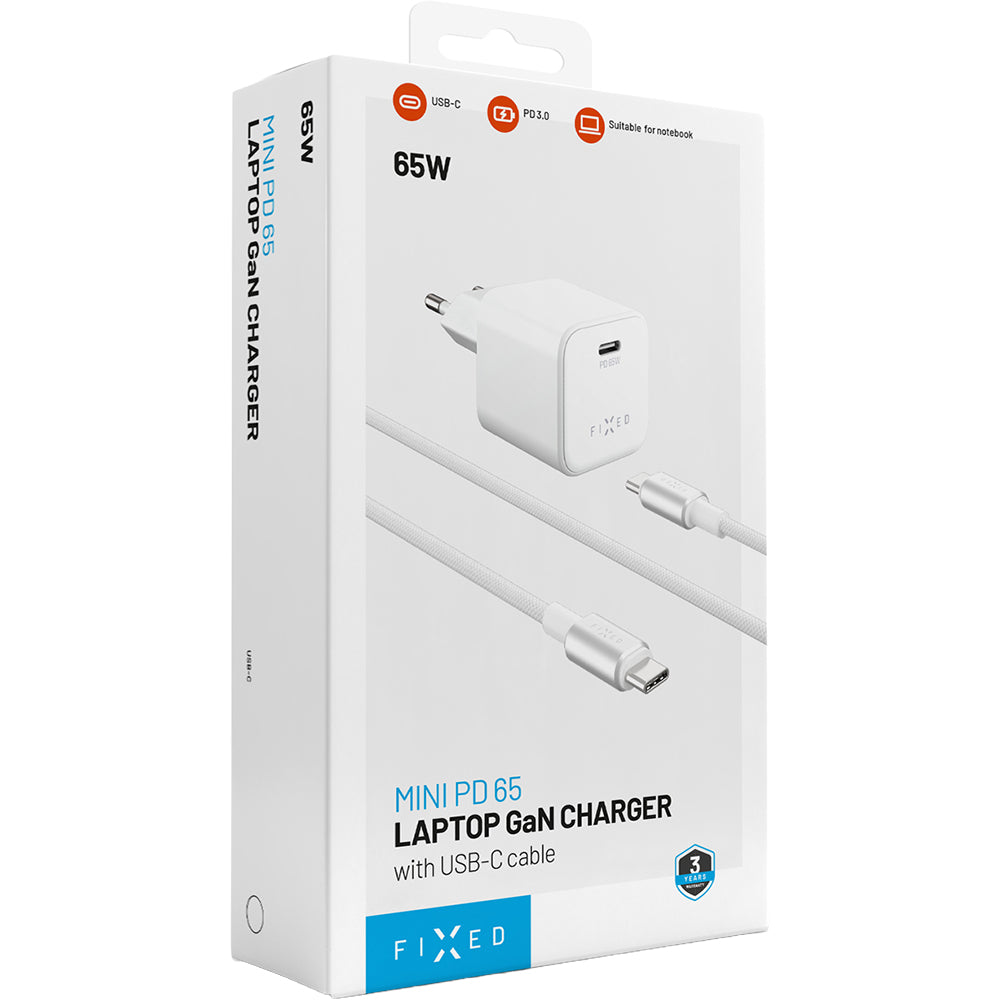 Netzladegerät GaN USB-C mit PD 3.0 und PPS, 65W, Fixed Mini, inkl. 2m USB-C Kabel, Weiß
