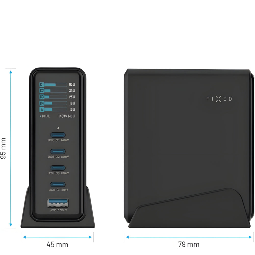 Ladegerät Fixed Charging Dock GaN 140W 4x USB-C, 1x USB-A, Schwarz