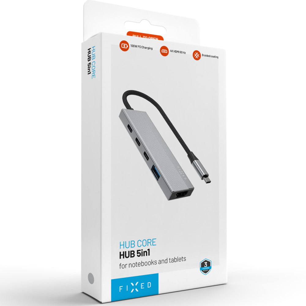 Hub, Adapter USB-C 100W PD 3.0, 2x USB-C 2.0 480 Mbps, USB-A 3.0, HDMI 4K/60Hz, Grau