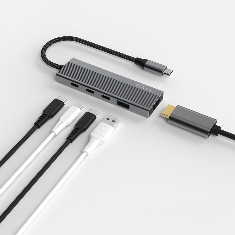 Hub, Adapter USB-C 100W PD 3.0, 2x USB-C 2.0 480 Mbps, USB-A 3.0, HDMI 4K/60Hz, Grau
