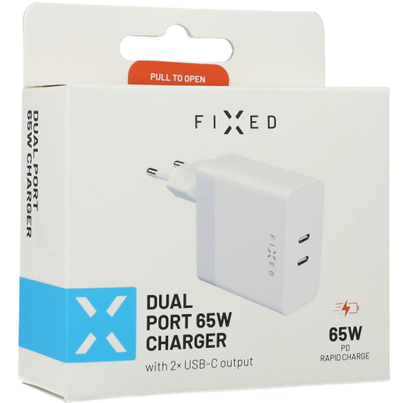 Weißes Ladegerät mit zwei USB-C-Ports, 65W Leistung, für schnelles Aufladen von zwei Geräten gleichzeitig. Verpackung Vorderseite.