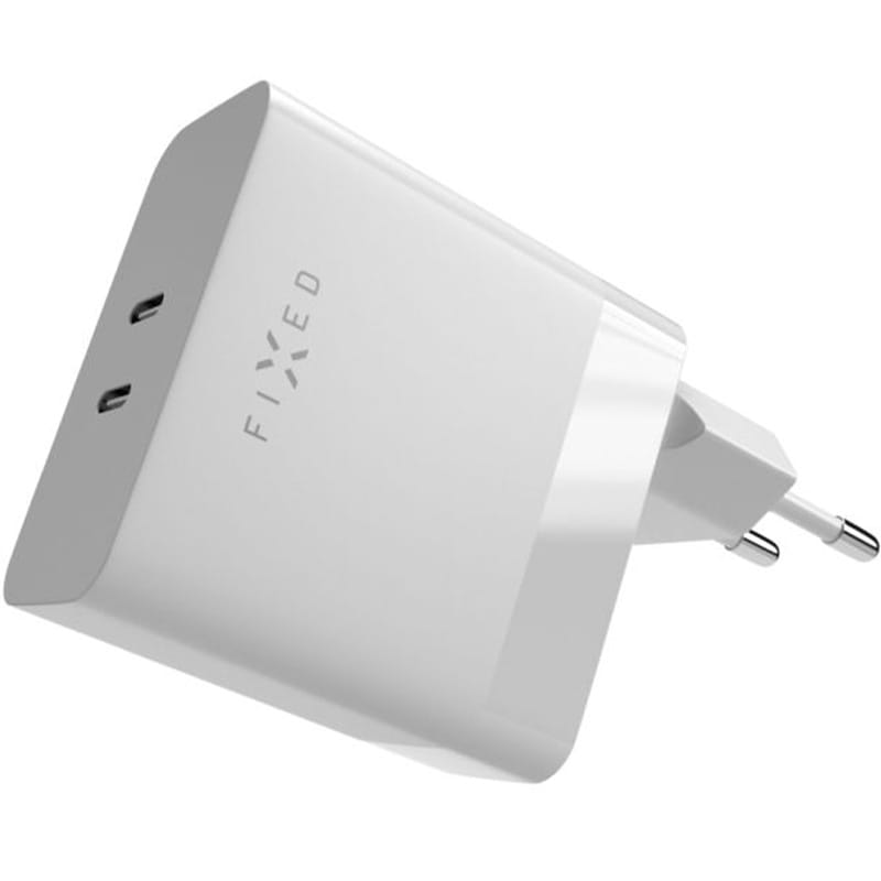 Weißes Ladegerät mit 2 USB-C-Anschlüssen, 65W Leistung, festes Dual Port Design, für schnelles und sicheres Aufladen mehrerer Geräte.