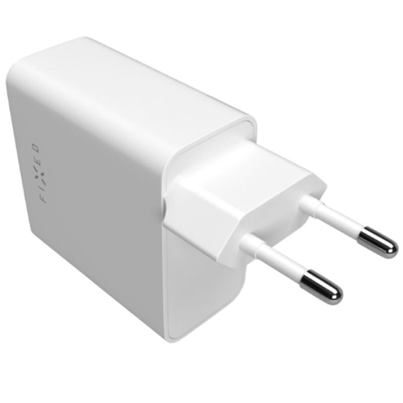 Weißes Ladegerät mit 2x USB-C, 65W PD, für schnelles und sicheres Aufladen elektronischer Geräte, Dual Port Design.