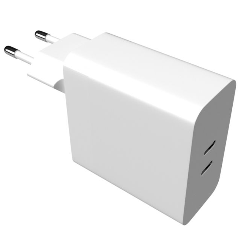 Weißes 65W Ladegerät mit 2 USB-C Anschlüssen, für schnelles und sicheres Aufladen von Geräten. Universeller Dual Port Charger.