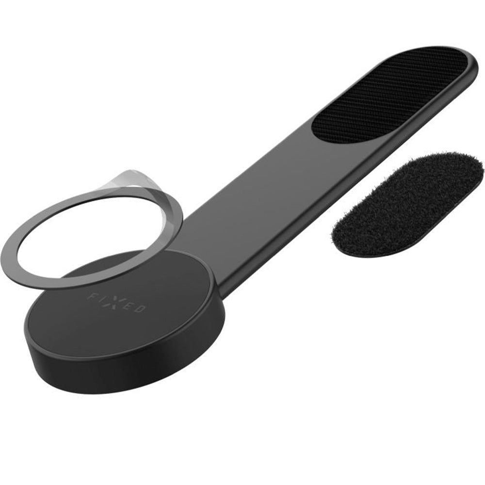 Schwarze Autohalterung Fixed MagFloppy für Apple iPhone mit MagSafe, enthält Klettbefestigung und 3M-Klebeband zur einfachen Montage.