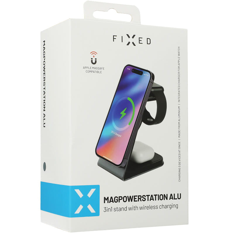 Induktives Ladegerät 3in1, Qi, 15W, mit MagSafe, Fixed MagPowerstation Alu für iPhone / Apple Watch / AirPods, Schwarz