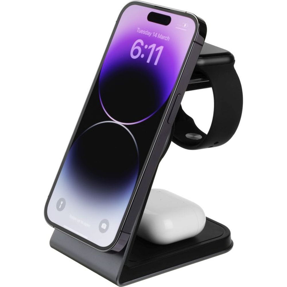 Induktives Ladegerät 3in1, Qi, 15W, mit MagSafe, Fixed MagPowerstation Alu für iPhone / Apple Watch / AirPods, Schwarz