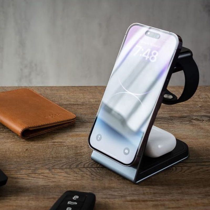 Induktives Ladegerät 3in1, Qi, 15W, mit MagSafe, Fixed MagPowerstation Alu für iPhone / Apple Watch / AirPods, Schwarz