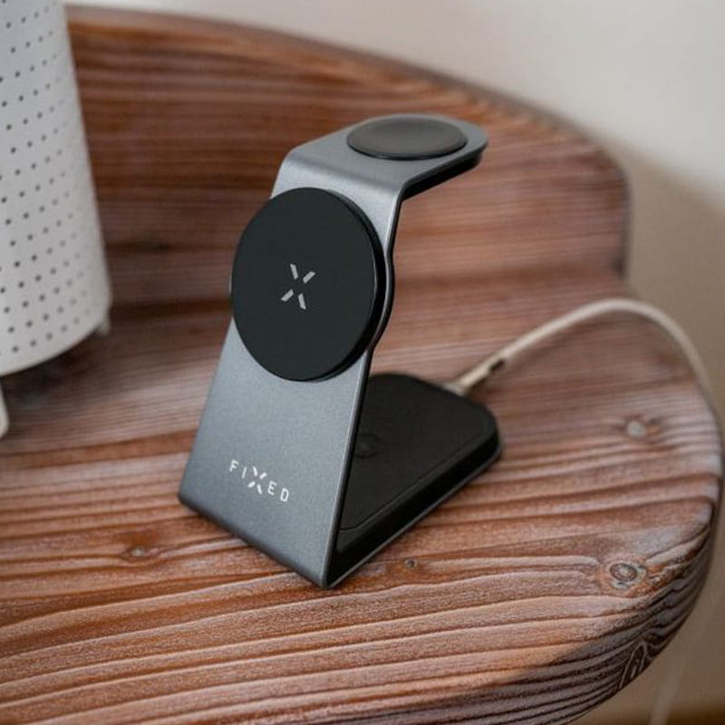 Induktives Ladegerät 3in1, Qi, 15W, mit MagSafe, Fixed MagPowerstation Alu für iPhone / Apple Watch / AirPods, Schwarz