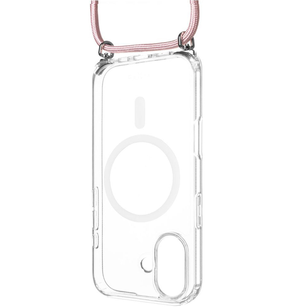Handyhülle für iPhone 17, FIXED MagPure Neck mit MagSafe, Transparent mit Rosa Schlüsselband