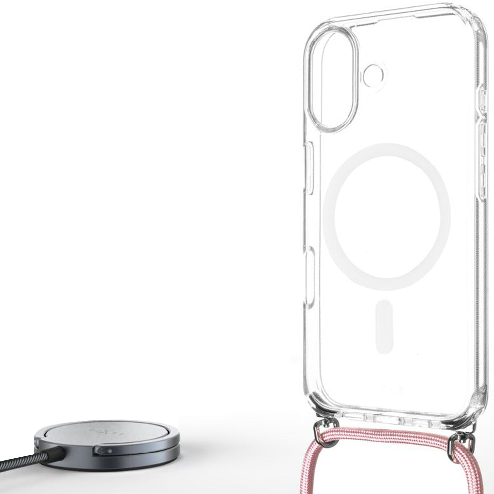 Handyhülle für iPhone 17, FIXED MagPure Neck mit MagSafe, Transparent mit Rosa Schlüsselband