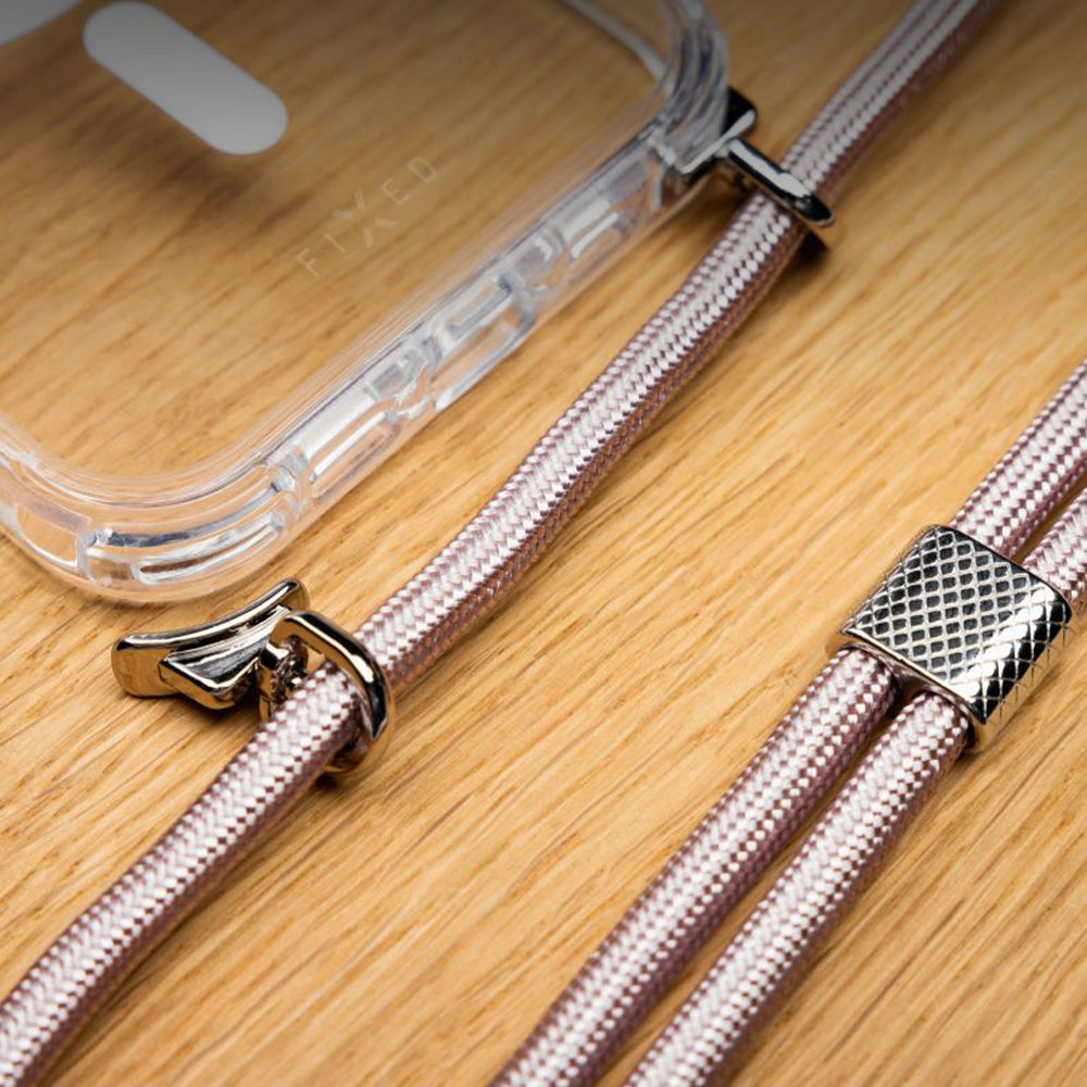 Handyhülle für iPhone 17, FIXED MagPure Neck mit MagSafe, Transparent mit Rosa Schlüsselband
