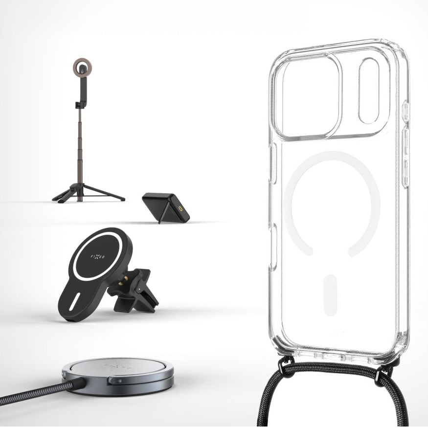 Handyhülle für iPhone 17 Pro, Fixed MagPure Neck mit MagSafe, Transparent mit Schwarzen Schlüsselband