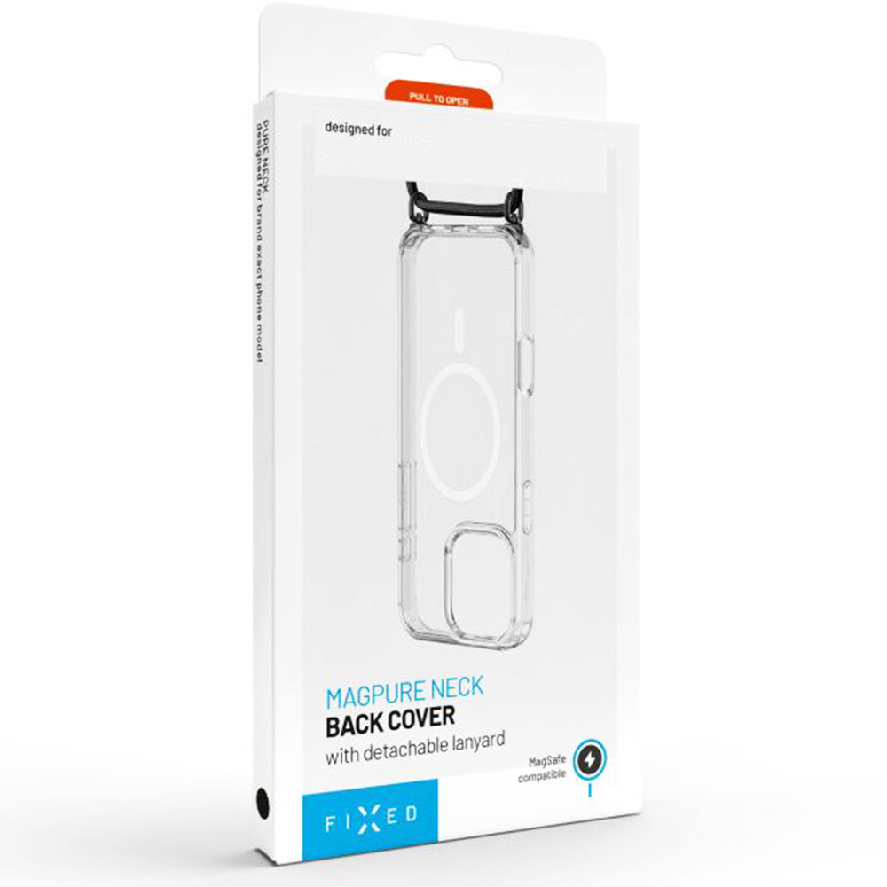 Handyhülle für iPhone 17 Pro Max, FIXED MagPure Neck mit MagSafe, Transparent mit Schwarzen Schlüsselband