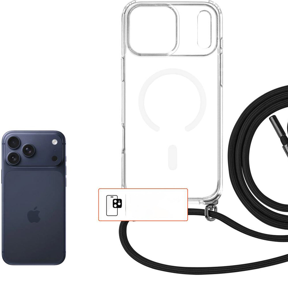 Handyhülle für iPhone 17 Pro Max, FIXED MagPure Neck mit MagSafe, Transparent mit Schwarzen Schlüsselband