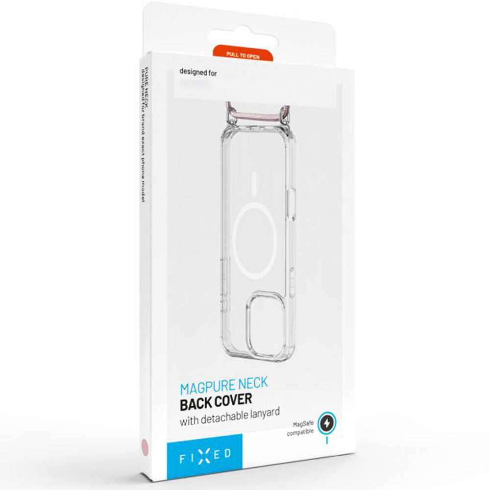 Handyhülle für iPhone 17 Pro Max, FIXED MagPure Neck mit MagSafe, Transparent mit Rosa Schlüsselband