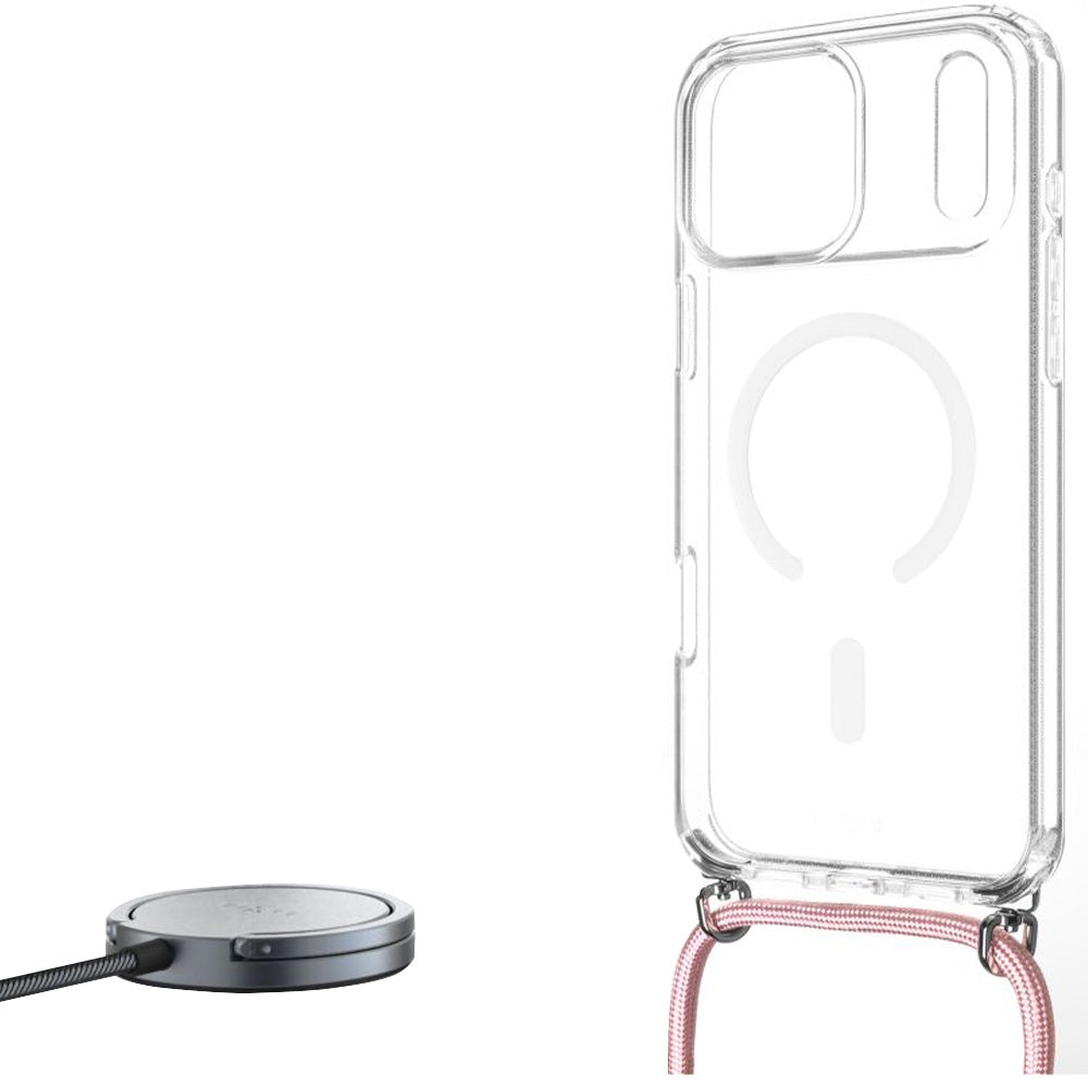 Handyhülle für iPhone 17 Pro Max, FIXED MagPure Neck mit MagSafe, Transparent mit Rosa Schlüsselband
