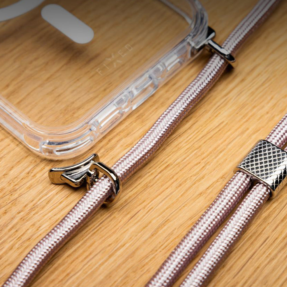 Handyhülle für iPhone 17 Pro Max, FIXED MagPure Neck mit MagSafe, Transparent mit Rosa Schlüsselband
