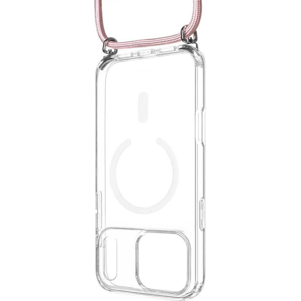 Handyhülle für iPhone 17 Pro Max, FIXED MagPure Neck mit MagSafe, Transparent mit Rosa Schlüsselband
