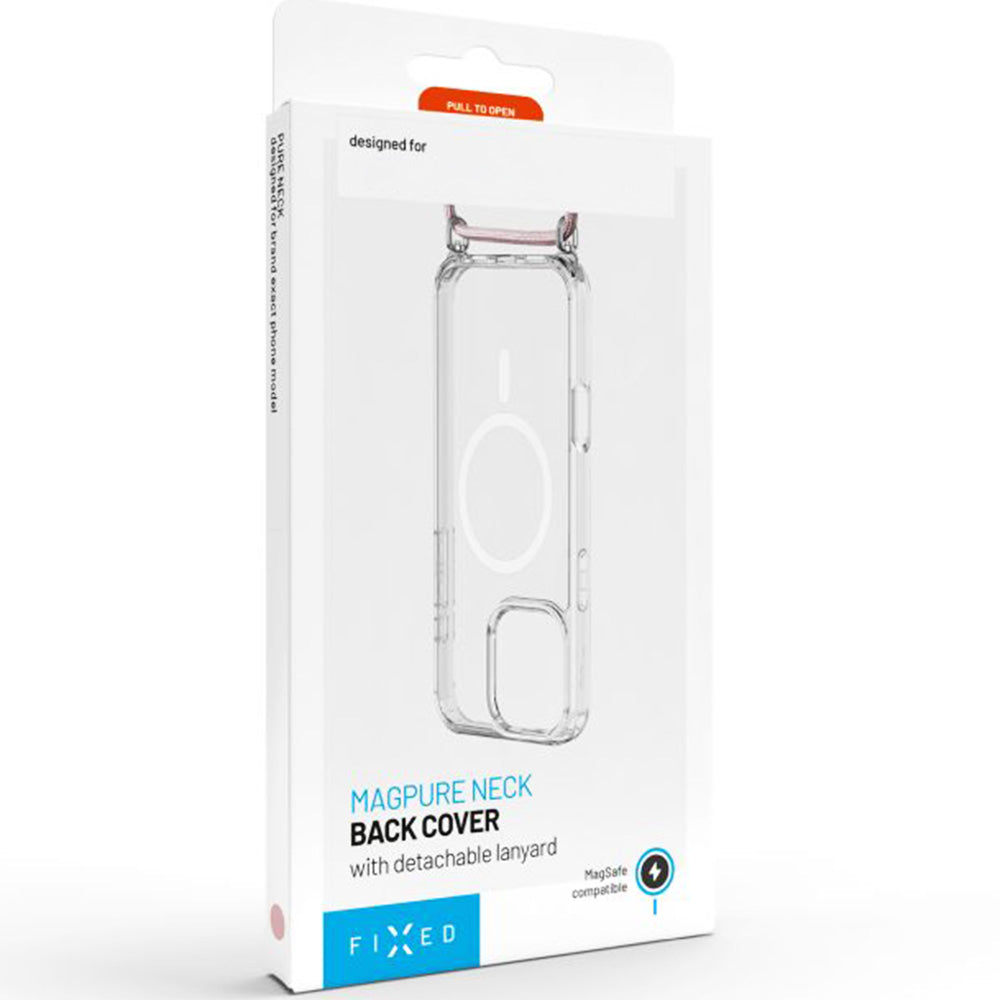 Handyhülle für iPhone 17 Pro, FIXED MagPure Neck mit MagSafe, Transparent mit Rosa Schlüsselband