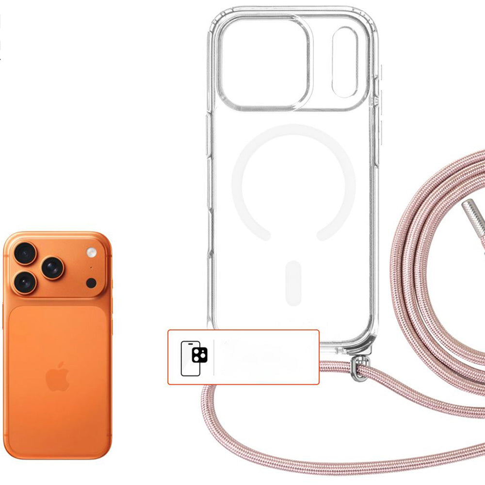 Handyhülle für iPhone 17 Pro, FIXED MagPure Neck mit MagSafe, Transparent mit Rosa Schlüsselband