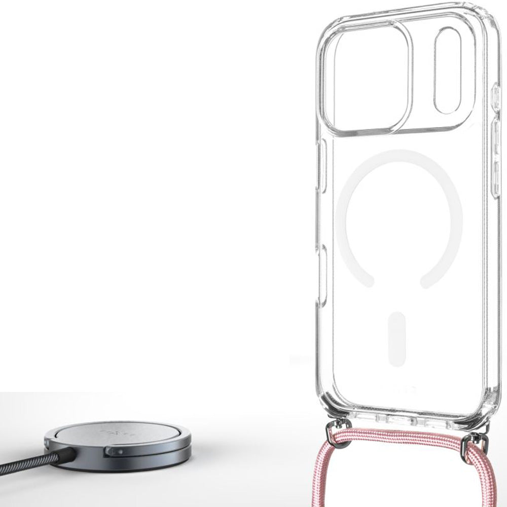 Handyhülle für iPhone 17 Pro, FIXED MagPure Neck mit MagSafe, Transparent mit Rosa Schlüsselband