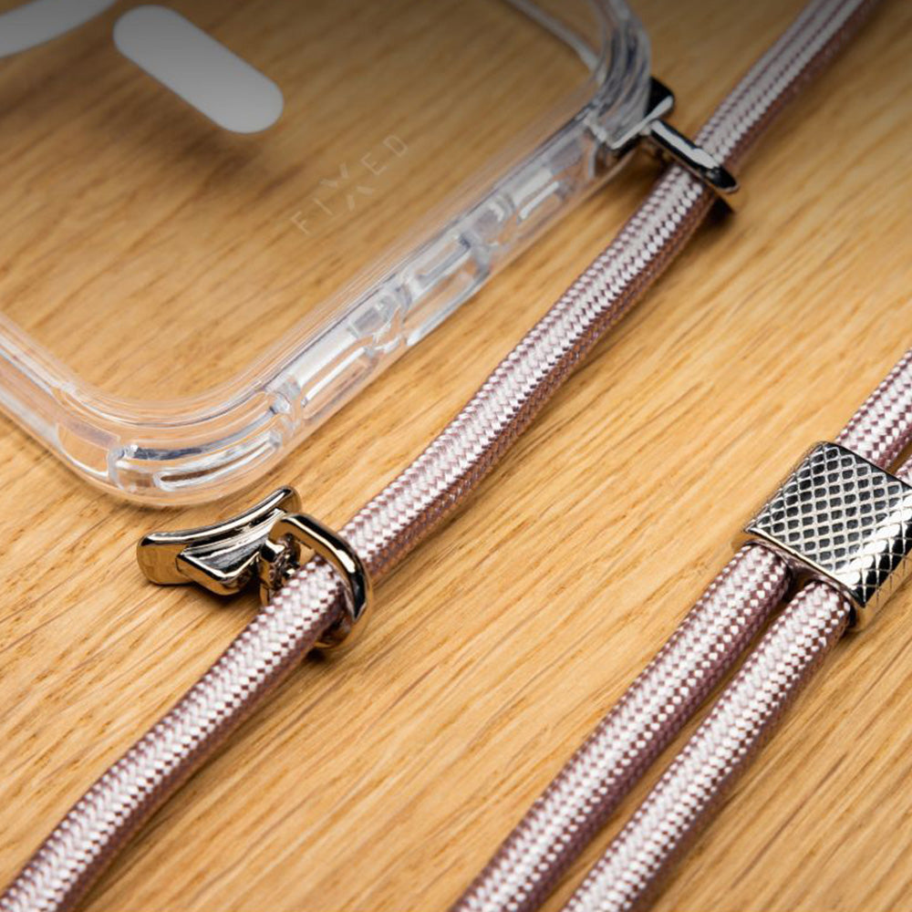 Handyhülle für iPhone 17 Pro, FIXED MagPure Neck mit MagSafe, Transparent mit Rosa Schlüsselband
