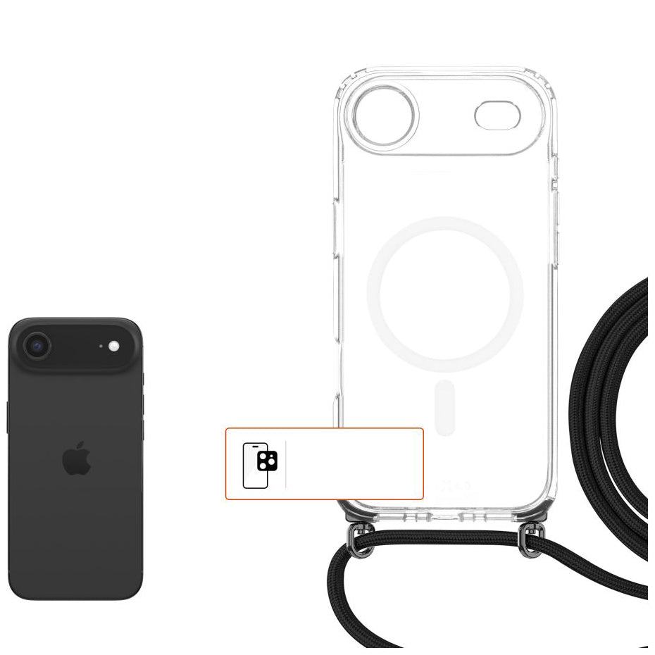 Handyhülle für iPhone Air, Fixed MagPure Neck mit MagSafe, Transparent mit Schwarz Schlüsselband
