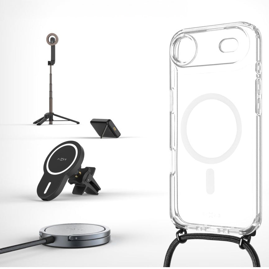 Handyhülle für iPhone Air, Fixed MagPure Neck mit MagSafe, Transparent mit Schwarz Schlüsselband