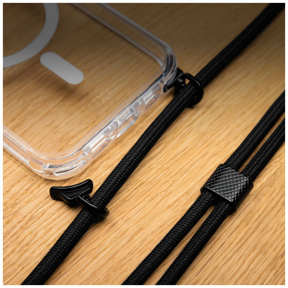 Handyhülle für iPhone Air, Fixed MagPure Neck mit MagSafe, Transparent mit Schwarz Schlüsselband