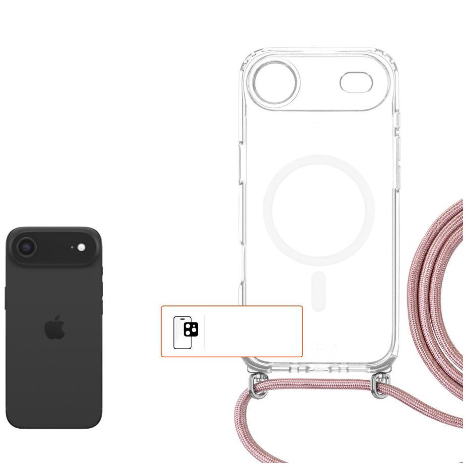 Handyhülle für iPhone Air, Fixed MagPure Neck mit MagSafe, Transparent mit Rosa Schlüsselband
