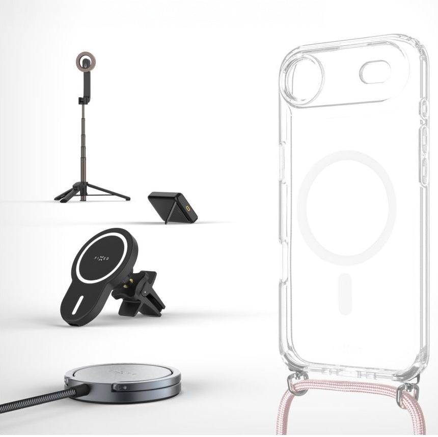 Handyhülle für iPhone Air, Fixed MagPure Neck mit MagSafe, Transparent mit Rosa Schlüsselband
