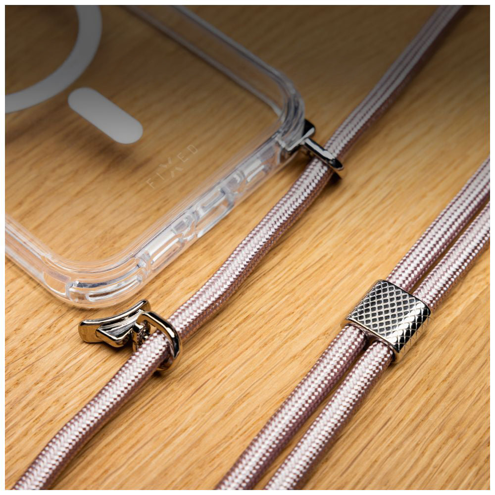 Handyhülle für iPhone Air, Fixed MagPure Neck mit MagSafe, Transparent mit Rosa Schlüsselband