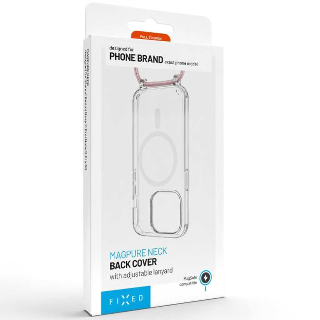 Handyhülle für iPhone 16 Pro Max, Fixed MagPure Neck mit MagSafe, Transparent mit Rosa Schlüsselband
