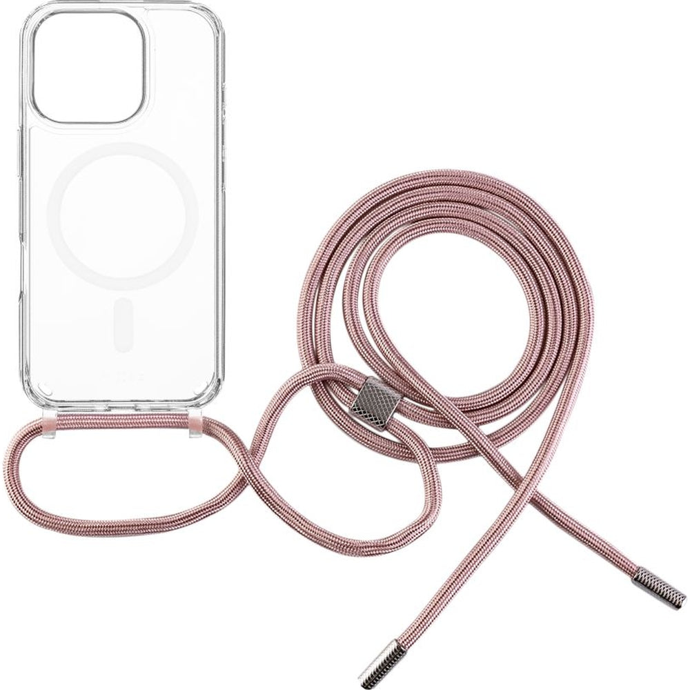 Handyhülle für iPhone 16 Pro Max, Fixed MagPure Neck mit MagSafe, Transparent mit Rosa Schlüsselband
