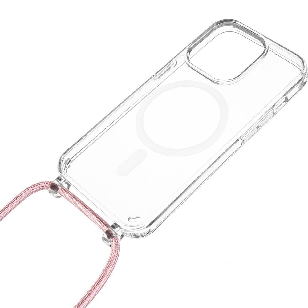 Handyhülle für iPhone 16 Pro Max, Fixed MagPure Neck mit MagSafe, Transparent mit Rosa Schlüsselband