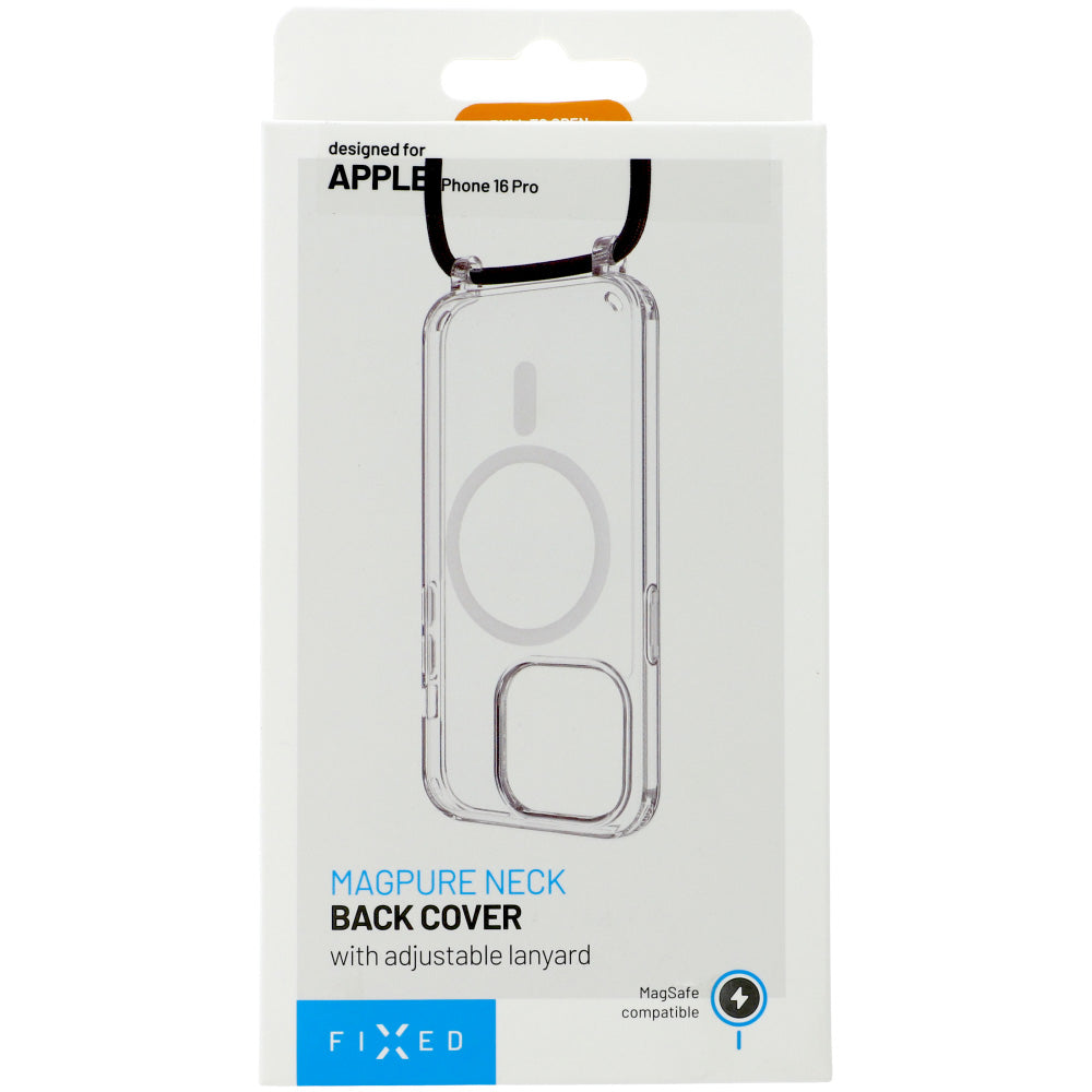 Handyhülle für iPhone 16 Pro Fixed MagPure Neck mit MagSafe, Transparent mit Schwarz Schlüsselband