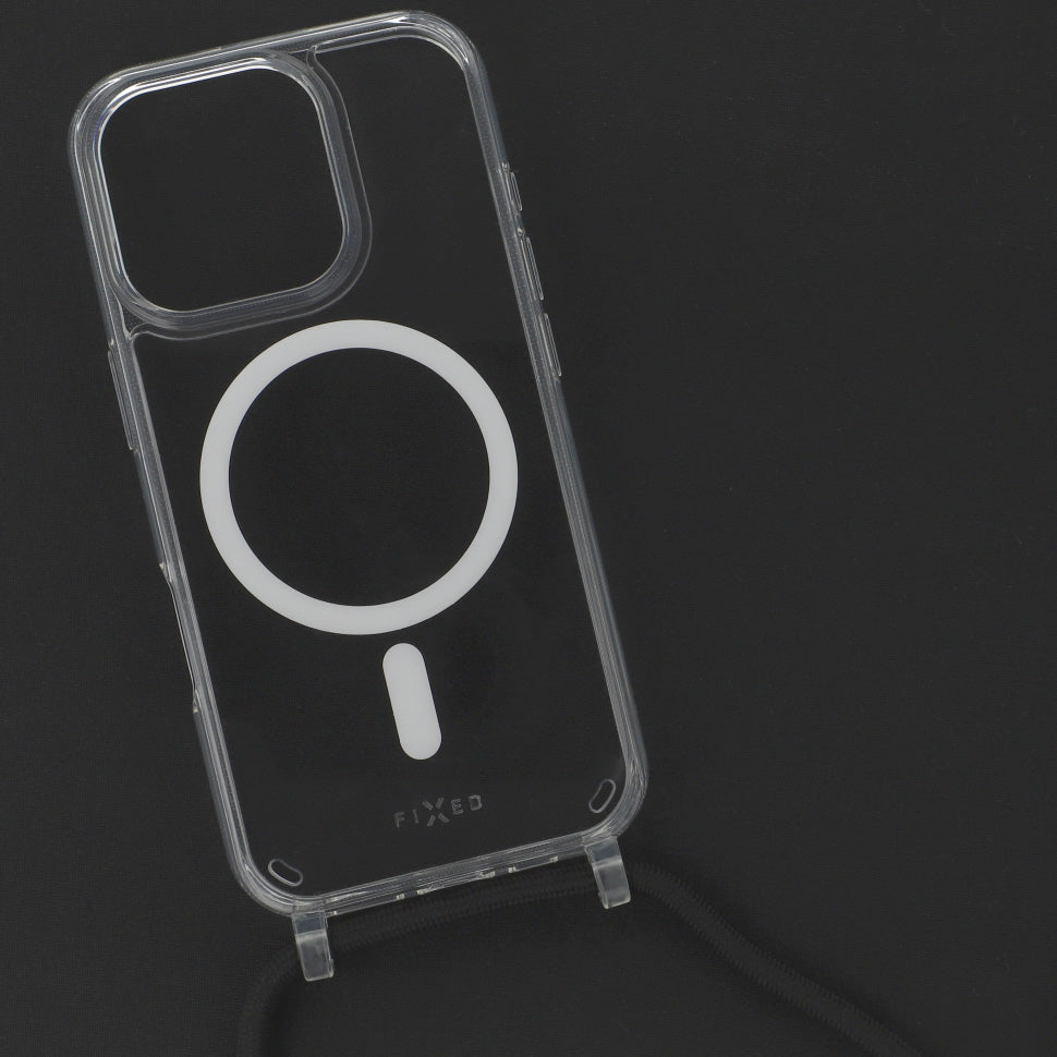 Handyhülle für iPhone 16 Pro Fixed MagPure Neck mit MagSafe, Transparent mit Schwarz Schlüsselband