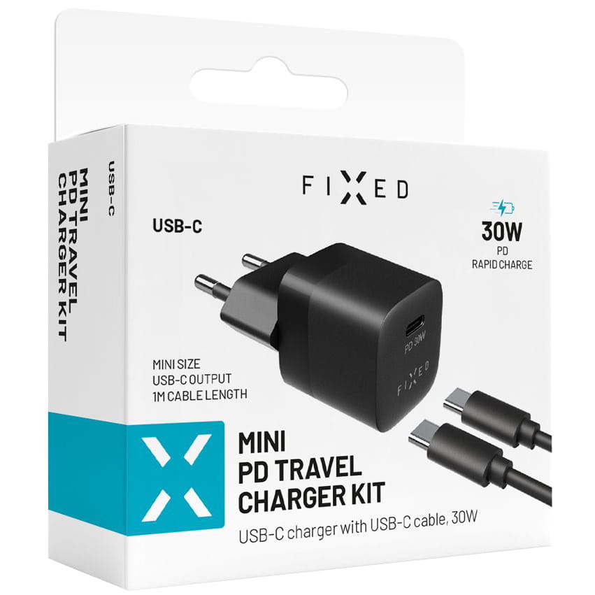 Ladegerät Fixed Mini PD Travel Charger USB-C + kabel USB-C, 30W, Schwarz