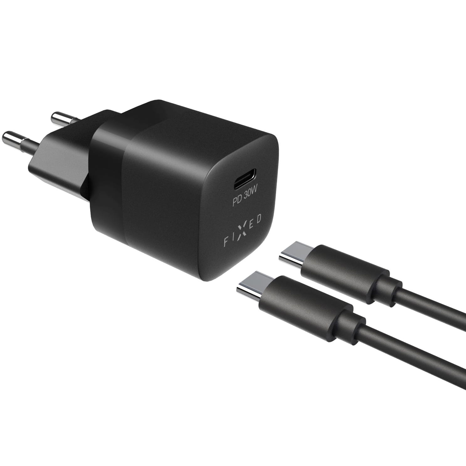 Ladegerät Fixed Mini PD Travel Charger USB-C + kabel USB-C, 30W, Schwarz