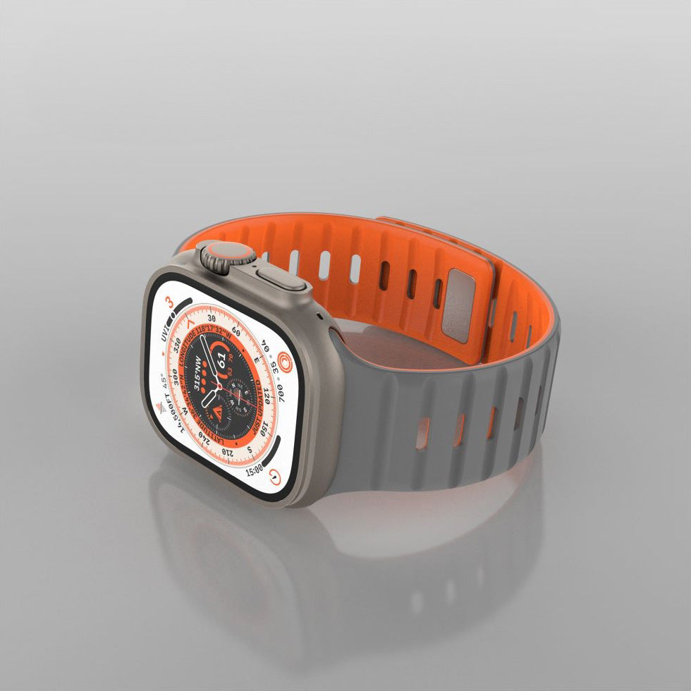 Armband für Apple Watch 44/45/46/49mm, Fixed Silicone Magnetic, Grau/Orange