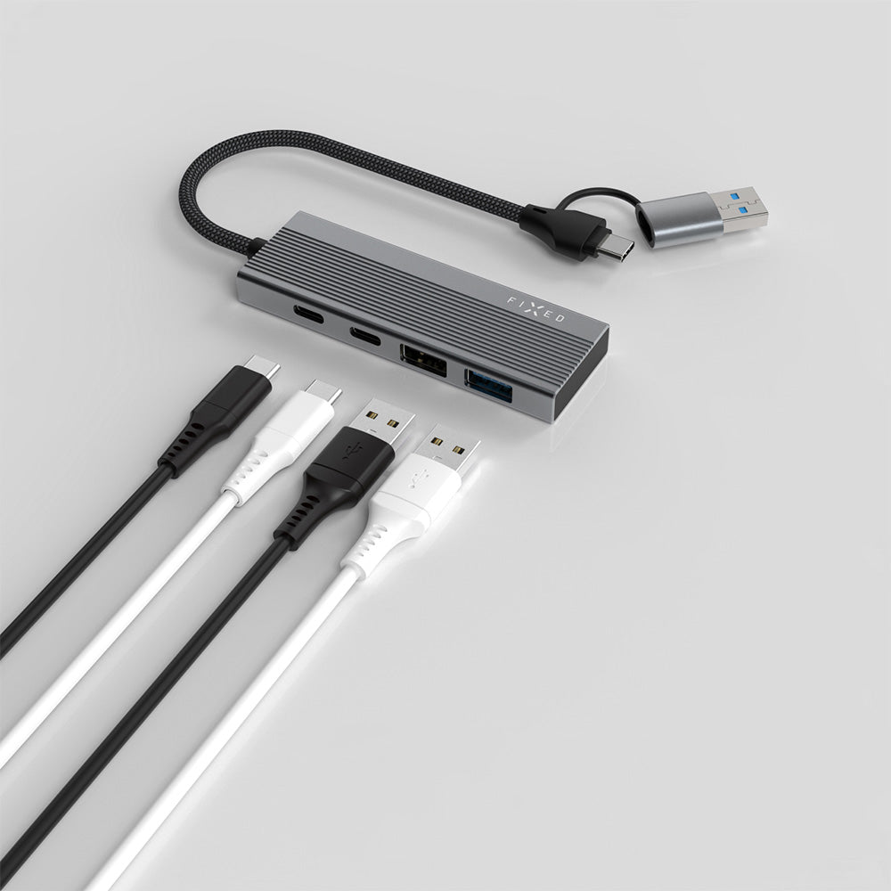 Hub, Adapter 1x USB-A 2.0 480 Mbps, 1x USB-A 3.0 5 Gbps, 2x USB-C 2.0 480 Mbps, Fixed Hub Port 4in1, Grau