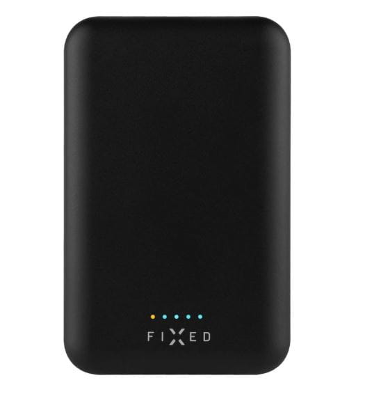 Schwarze MagZen 6 Powerbank 6000 mAh von Fixed mit MagSafe und USB-C-Anschluss, kompakte kabellose Ladestation.