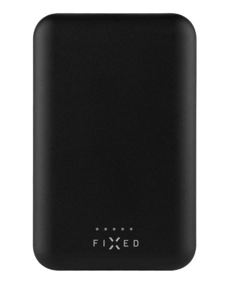 Schwarze Powerbank Fixed MagZen 6, 6000 mAh, mit USB-C-Anschluss und MagSafe für iPhone, kabelloses Laden, kompakt und leistungsstark.