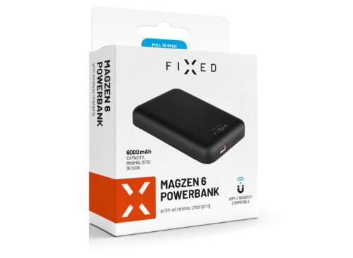 MagZen 6 Powerbank in schwarz, 6000 mAh, MagSafe-kompatibel, kabelloses Laden, USB-C-Anschluss, in Verpackung von Fixed.