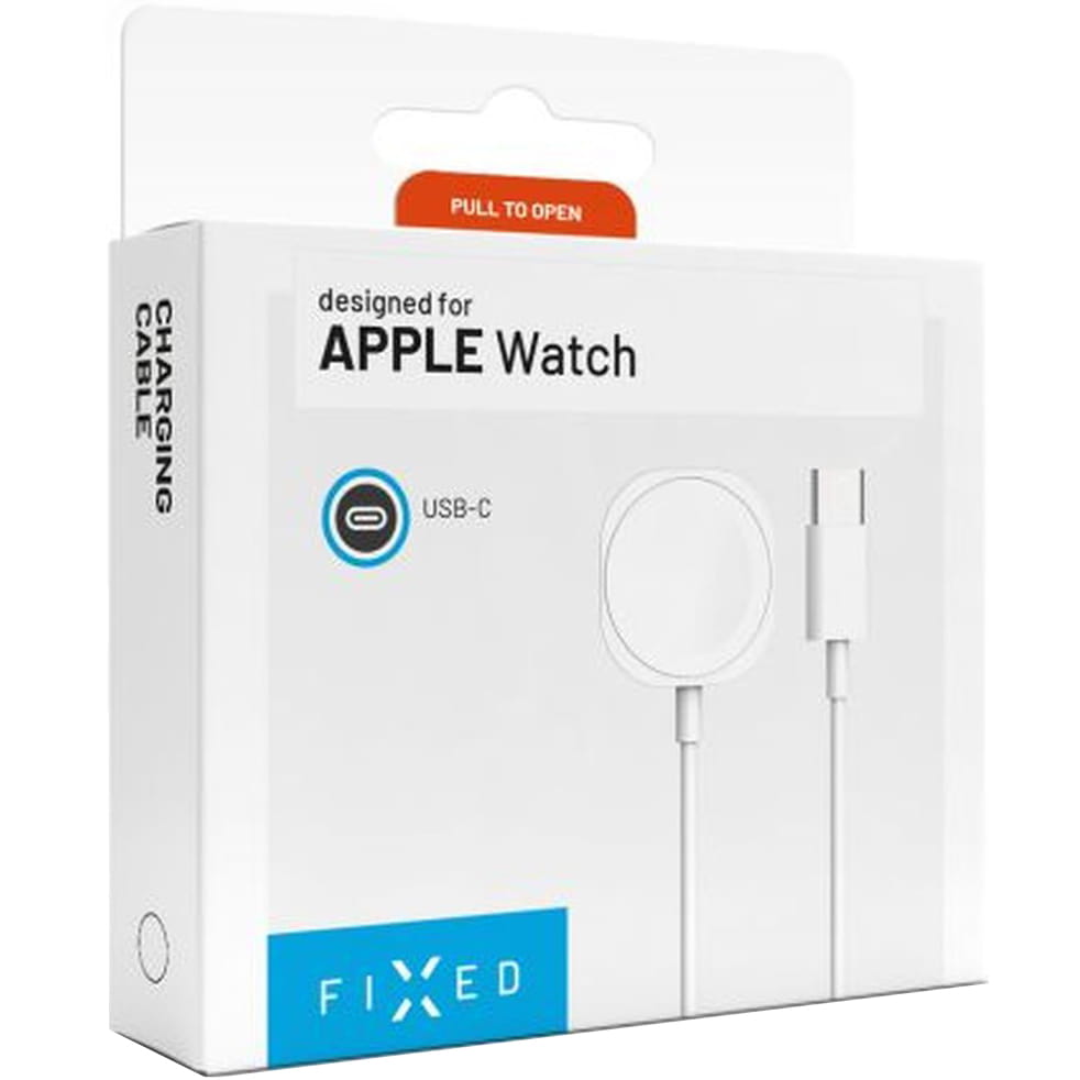 Verpackung des FIXED USB-C zu Apple Watch Ladekabels, 1m, Weiß, Qi-kompatibel, ideal für schnelles Laden der Apple Watch Serie.