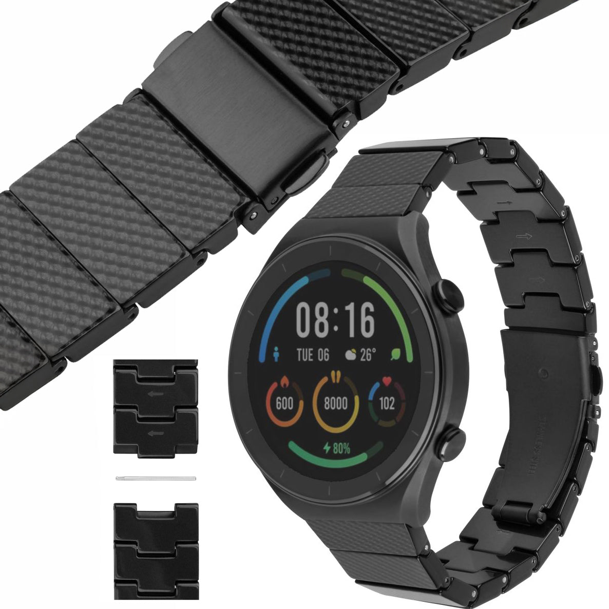 Armband für Smartwatch, QuickRelease 20 mm, Fixed Resin, Schwarz Karbon