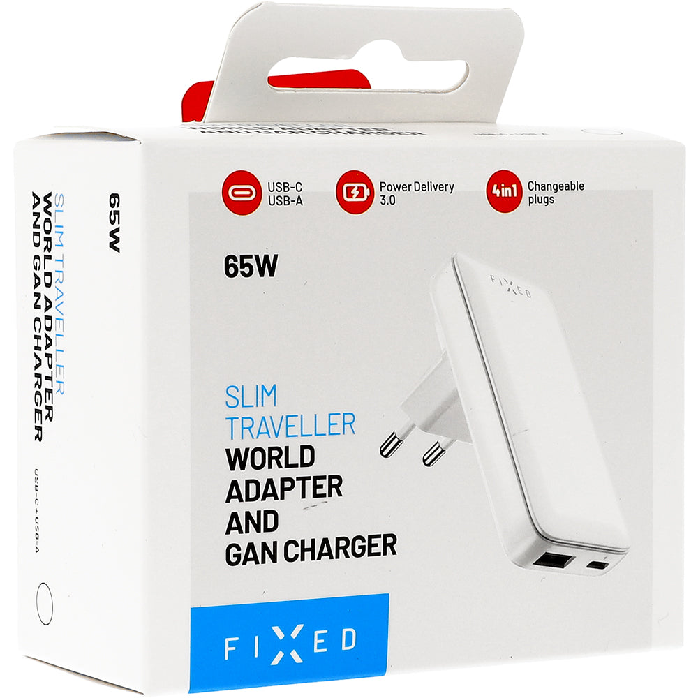 Ladegerät mit austauschbaren Spitzen Fixed Slim Traveller 65W USB-A USB-C PD 3.0 GaN, EU, USA, UK, AUS, Weiß